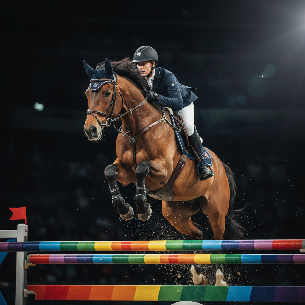 Horse and rider soaring mid-air over a showjumping fence obstacle in a dramatic equestrian competition